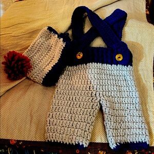 NWOT Newborn Handmade Blue and Gray Baby Infant Outfit Matching Set Pants & Hat